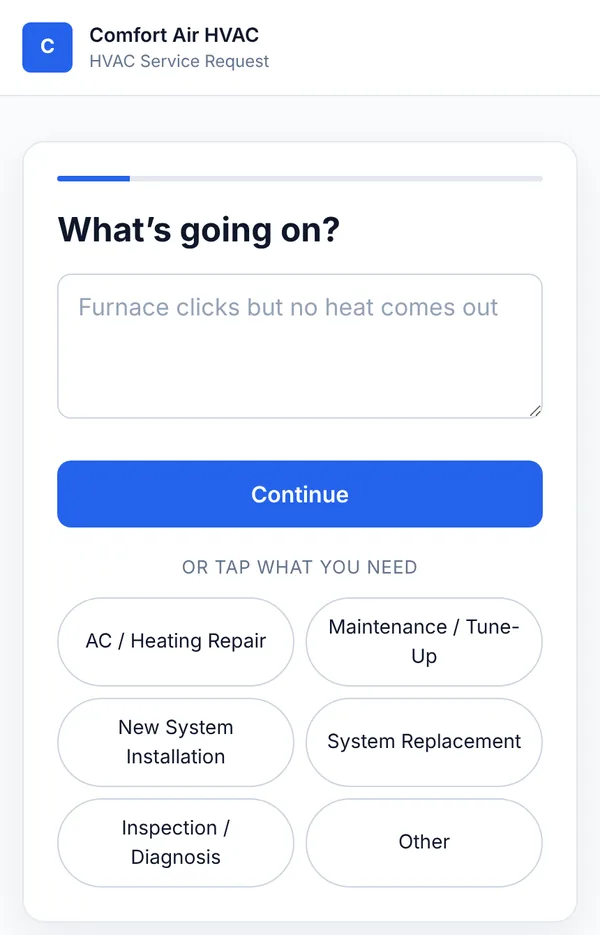 AIFormFlow HVAC demo, first screen: a text box asking what is going on, with quick picks like AC or heating repair and maintenance.