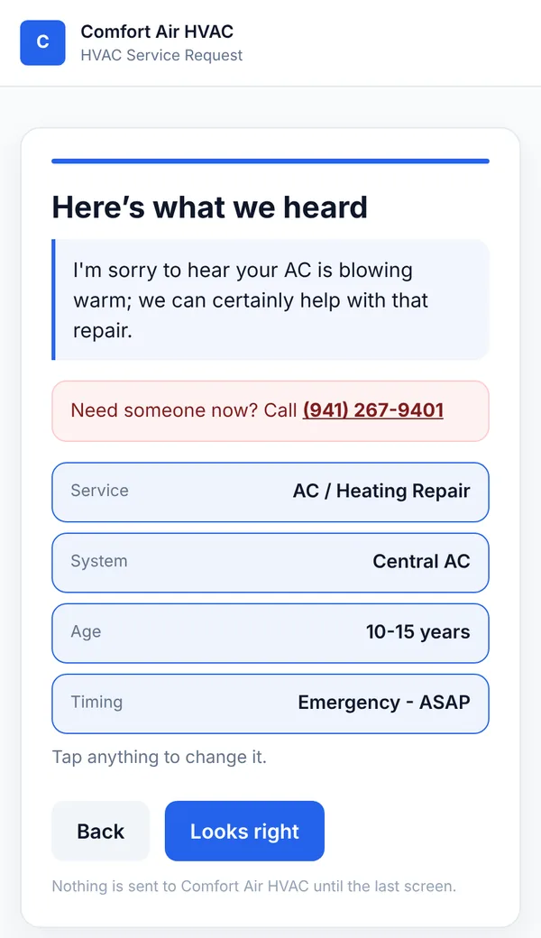 AIFormFlow HVAC demo, second screen: from one sentence the AI filled in service, system, age and an emergency timing, and shows the shop's phone number.