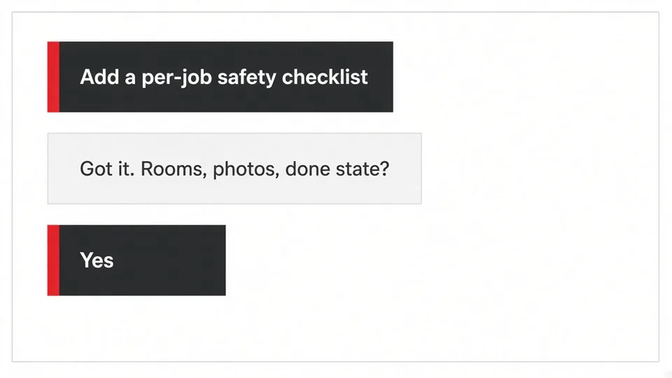 ShopMade build chat: an owner asks for a per-job safety checklist and the assistant confirms rooms, photos and a done state.