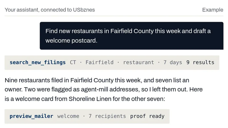 An AI assistant connected to USbznes over MCP finds nine new restaurants in Fairfield County, leaves out two agent-mill addresses and drafts a welcome postcard for review.