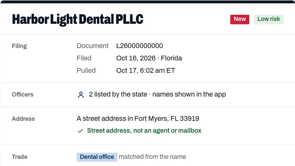 USbznes sample record for a new Florida business: filing number, date filed and pulled, officers, a street address checked against agent mills and mailboxes, and the trade.